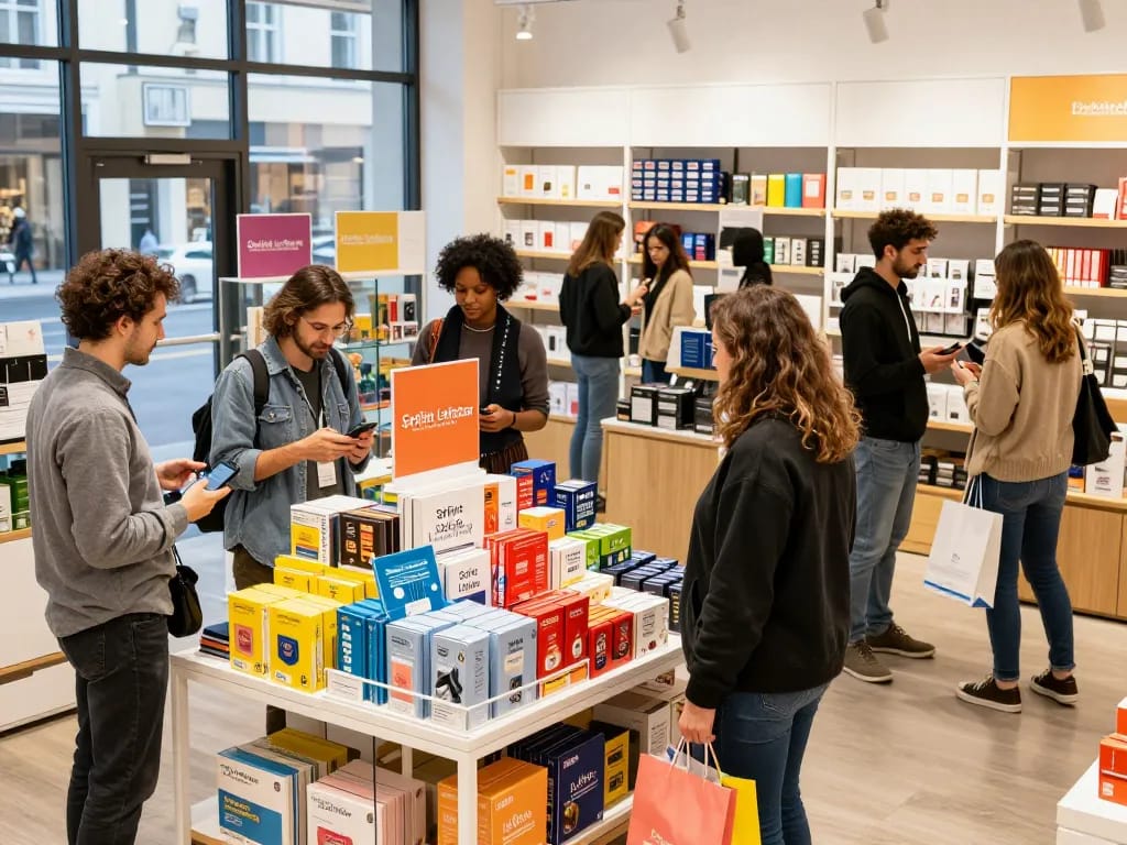 Kunden genießen ein nahtloses Einkaufserlebnis mit Sofort Lieferbar Produkten in einem lebhaften Einzelhandelsgeschäft.