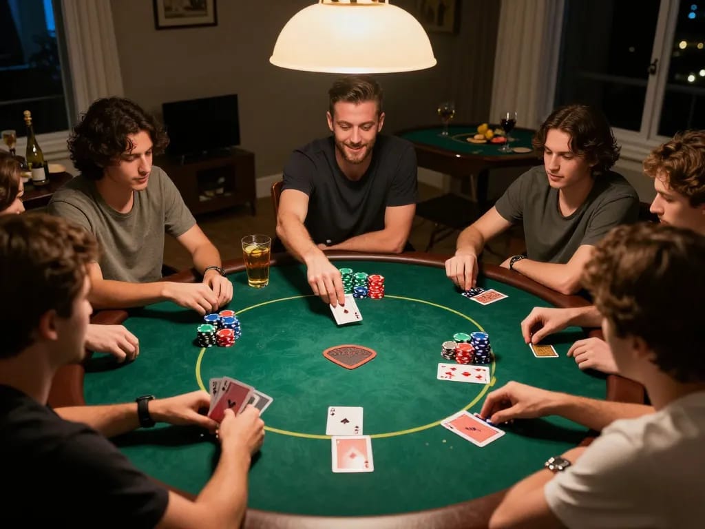 Friends engaging in a lively home poker game using mb668 strategies to outsmart each other.
