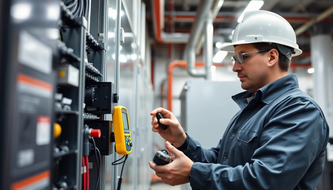 Electrician performing a DGUV V3 Prüfung on equipment to ensure workplace safety and compliance.