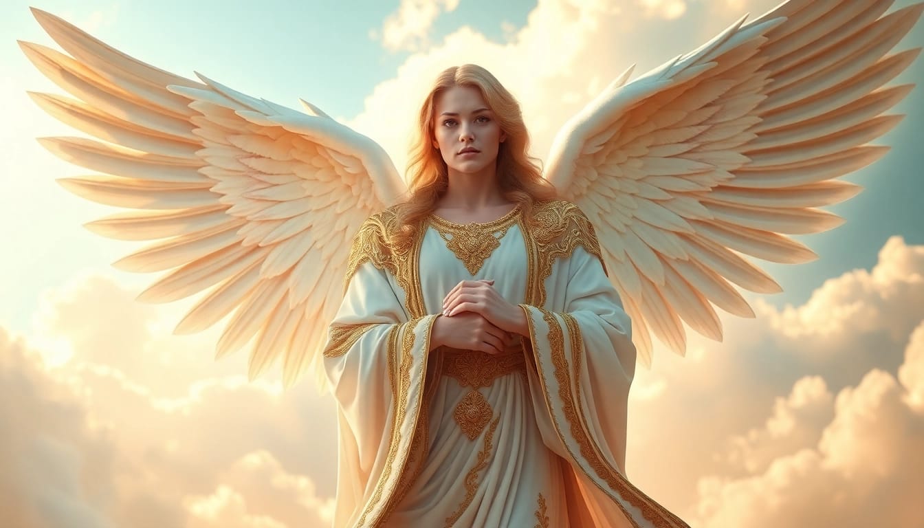Erzengel Gabriel präsentiert eine majestätische Erscheinung mit goldenen Akzenten.