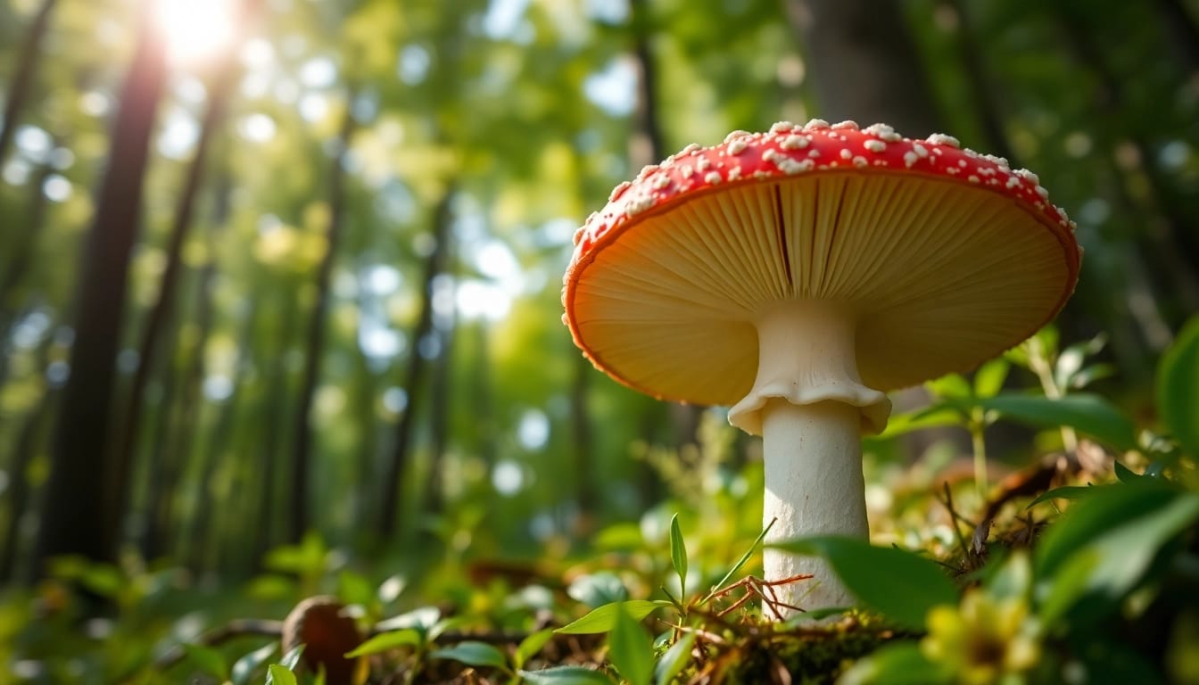 Vibrant amanita muscaria kaufen mushroom in lush forest setting, highlighting its distinct features.
