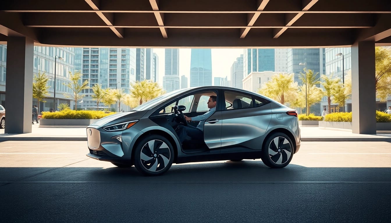 Elektroautos fahren durch eine moderne Stadtlandschaft mit nachhaltiger Technologie.
