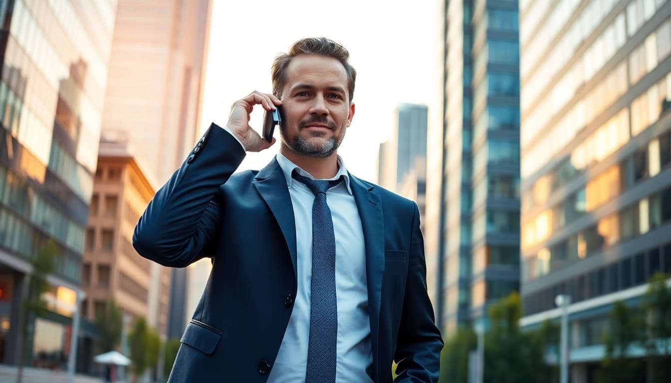 Geschäftsmann im Außendienst telefoniert mit einem Headhunter, was Expertise und Professionalität symbolisiert.