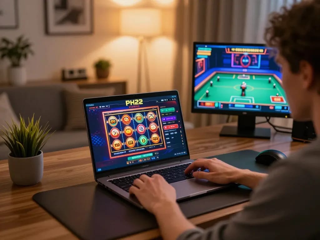 PH22 player using laptop for online casino gaming with vibrant interface display in a stylish home setting.