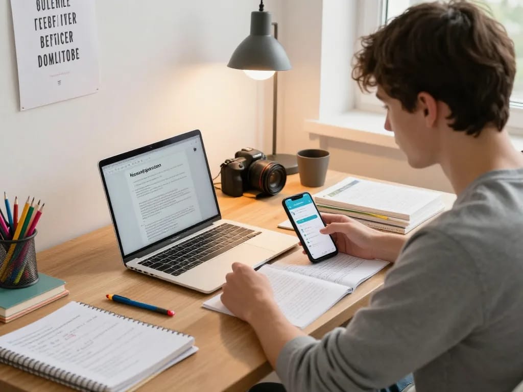 Schüler, der eine Hausaufgaben Scanner-App in einer Lernumgebung verwendet, umgeben von Büchern und Schreibwaren.