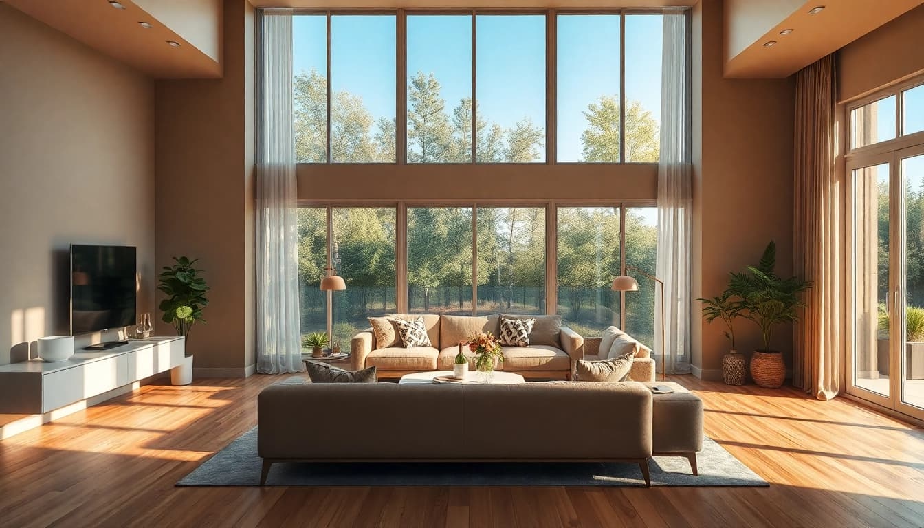 Inspiration für Raumgestaltung: modernes Wohnzimmer mit warmem Licht und harmonischer Farbpalette