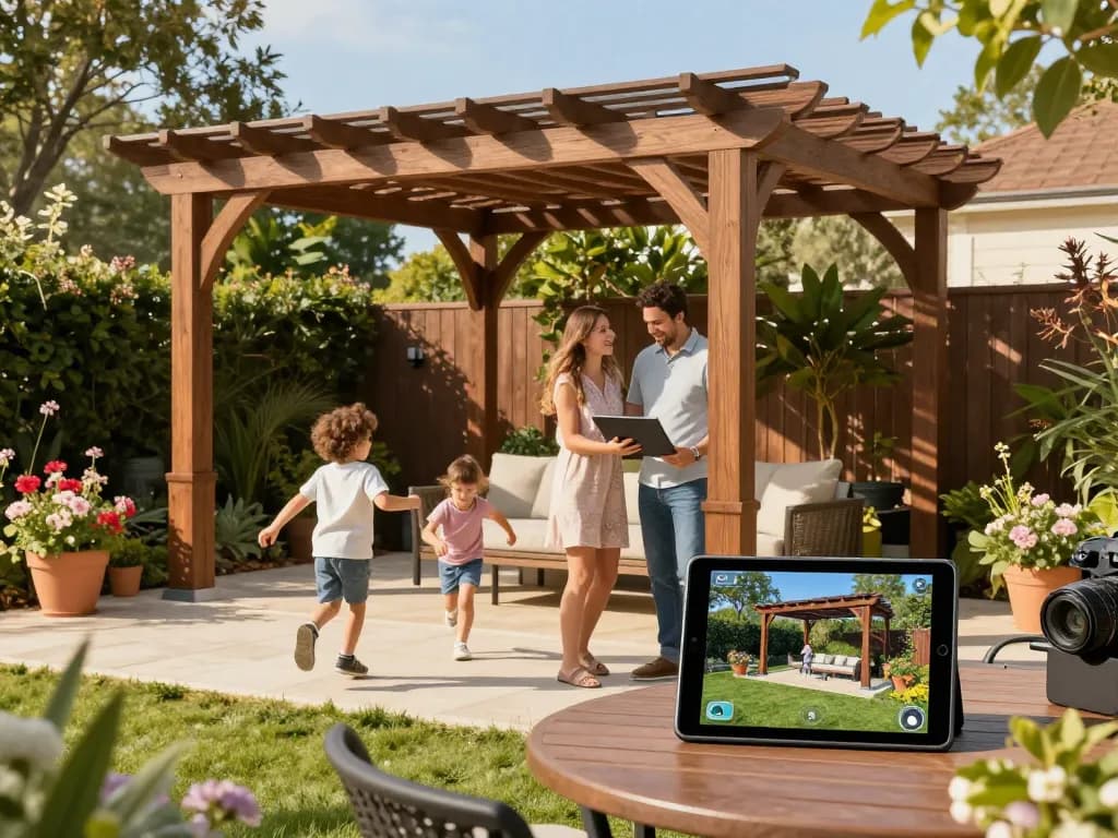 Pergola Konfigurator 3D in Aktion, während eine Familie mit einem Tablet interagiert und ein digitales Gestaltungserlebnis im Freien zeigt.