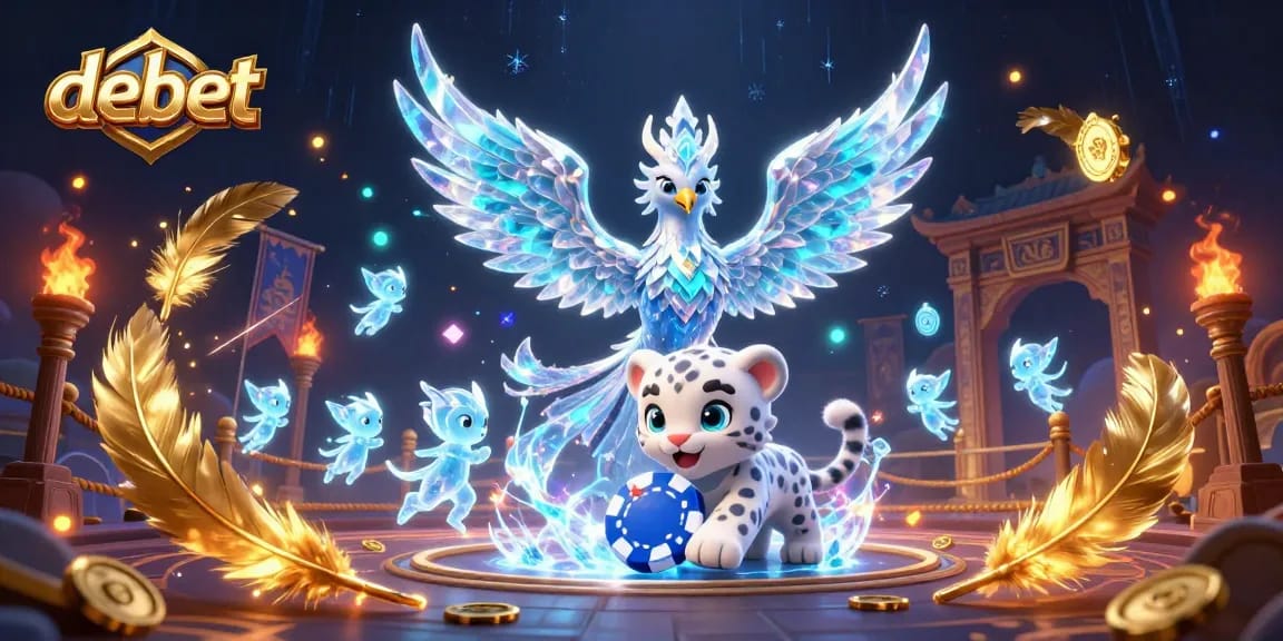 Engage with debet's exciting gaming options featuring an animated ice phoenix and playful elements.