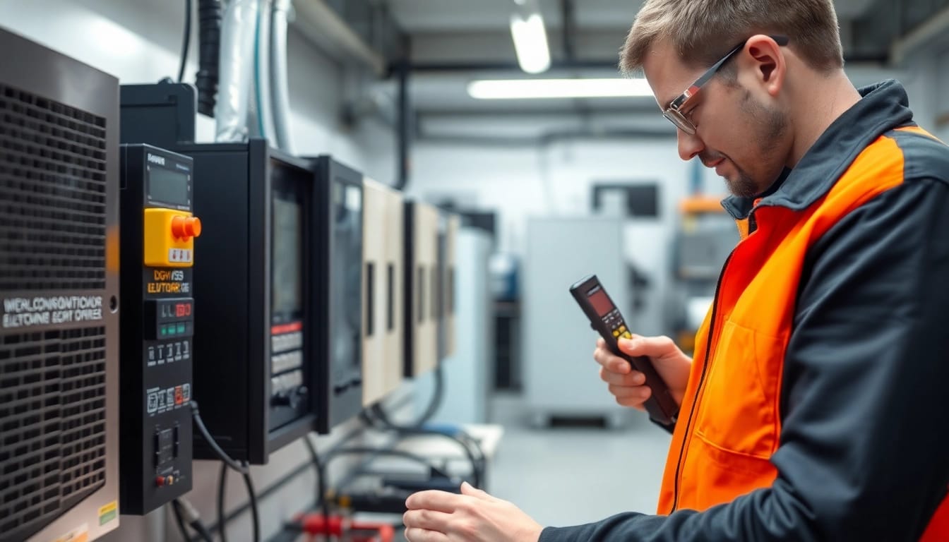 Techniker führt eine DGUV V3 Prüfung an elektrischen Geräten in einer modernen Werkstatt durch.