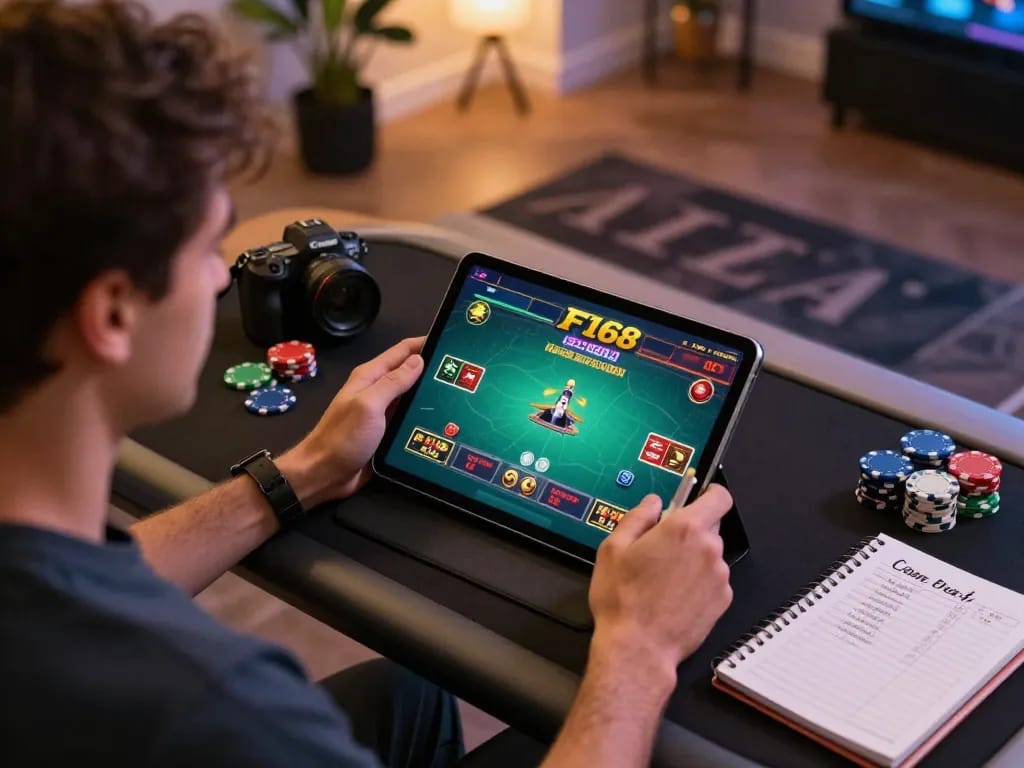 Player strategizing for F168 casino games while using a tablet in a cozy home setting.