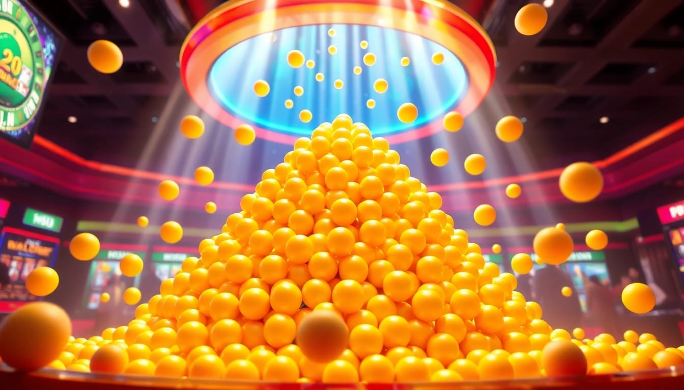 Erlebe die spannende Plinko-Spielaction mit bunten Kugeln, die durch die Pyramide fallen und Gewinne generieren.