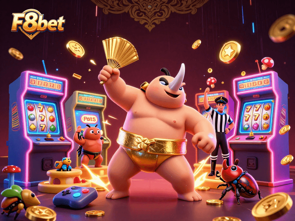 F8bet players enjoy the dynamic action of slot games with gold coins flying in this vibrant scene.