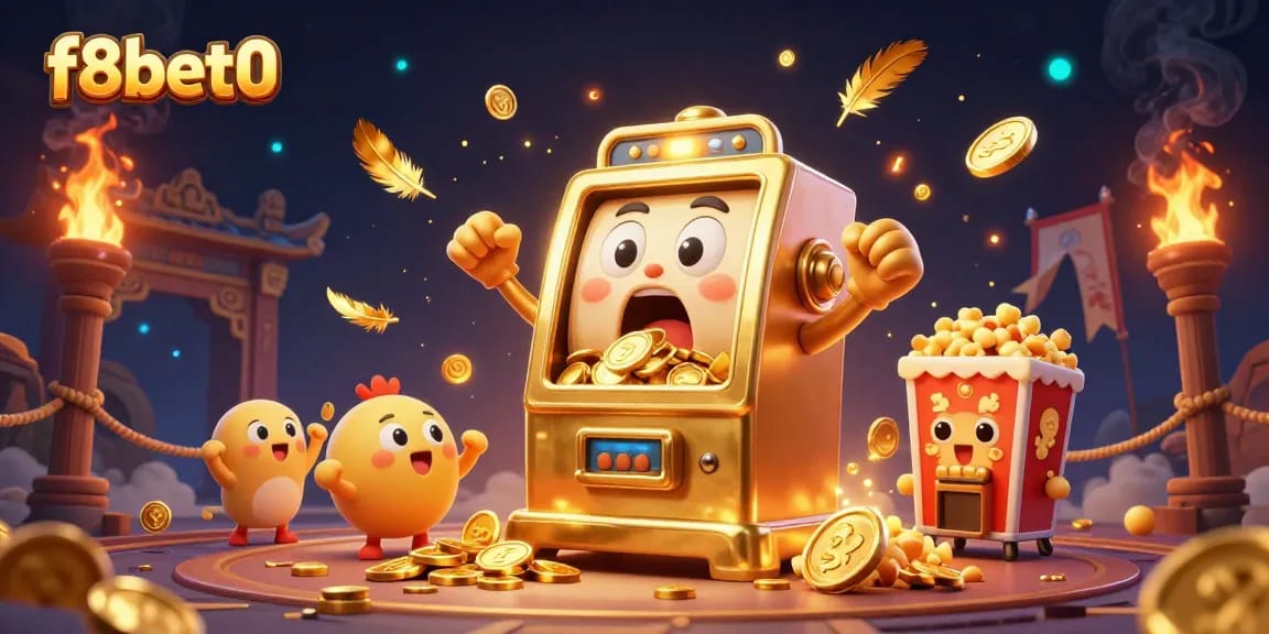Experience thrilling games with f8bet0's golden slot machine hitting jackpots in a vibrant casino scene.