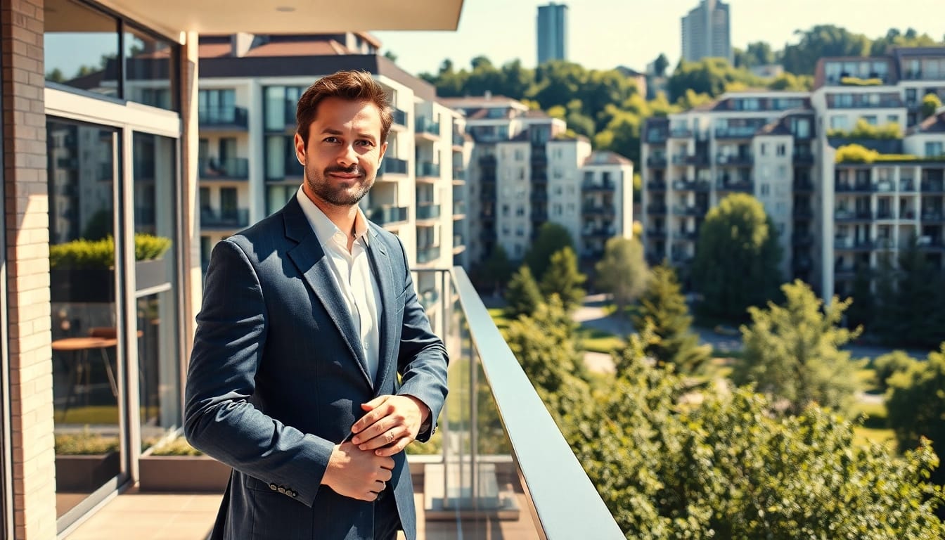 Immobilienmakler Frankfurt Riedberg führt eine Bewertung in einem modernen Stadtviertel durch.