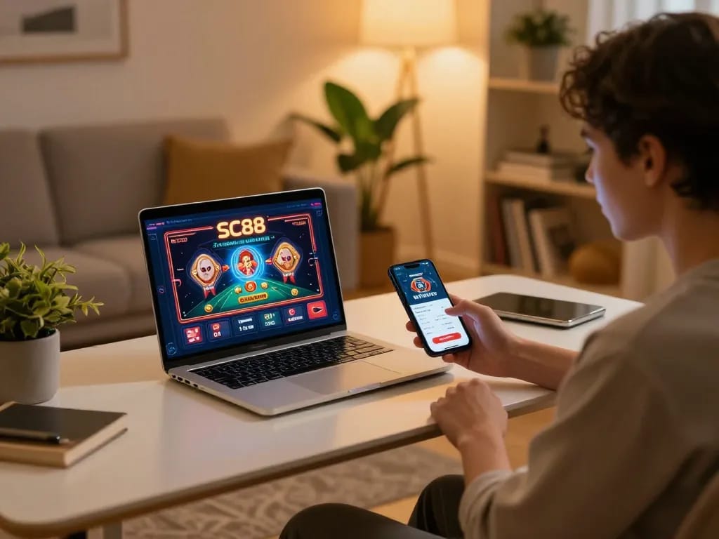 SC88 mobile app showcased as user engages with online casino games, promoting responsible gaming