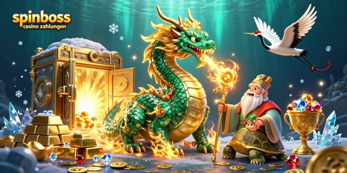 Spielen Sie bei SpinBoss Casino Zahlungen, während ein Drache Goldfeuer atmet und Glücksbringer tanzen.