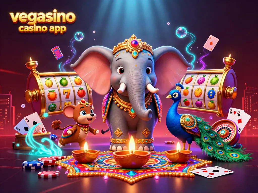 Engage with the Vegasino casino app through vibrant 3D casino elements like slots and colorful characters.