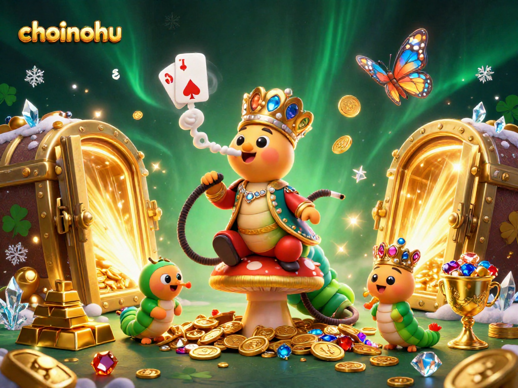 Engage with choinohu's vibrant casino experience featuring a whimsical caterpillar master amidst jewels and golden treasures.