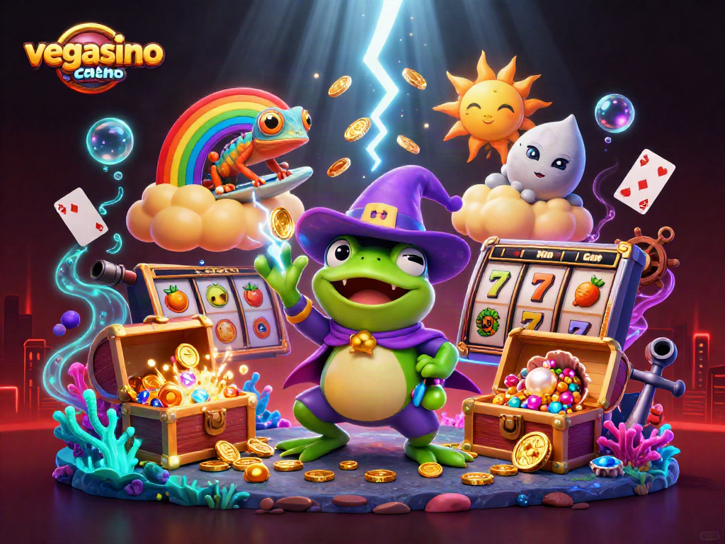 Experience winning at vegasino casino with vibrant characters and dynamic elements splashing in a rich, colorful scene.