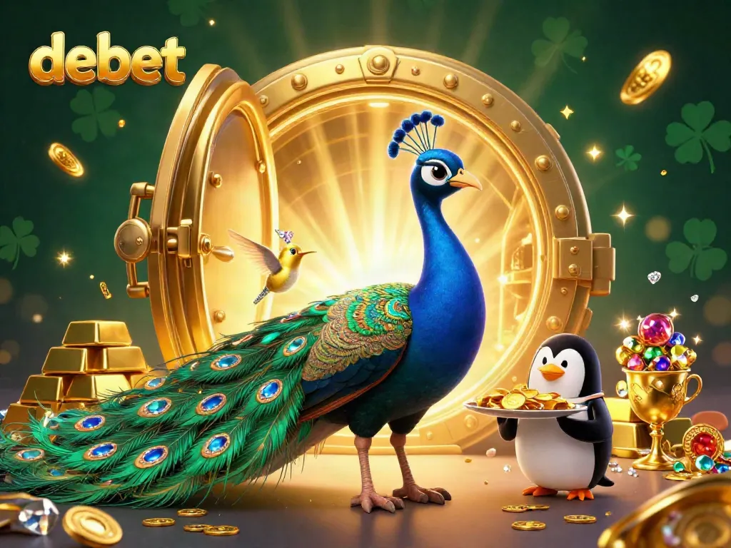 Experience the vibrant world of debet with a cartoon peacock and treasures in a casino setting.