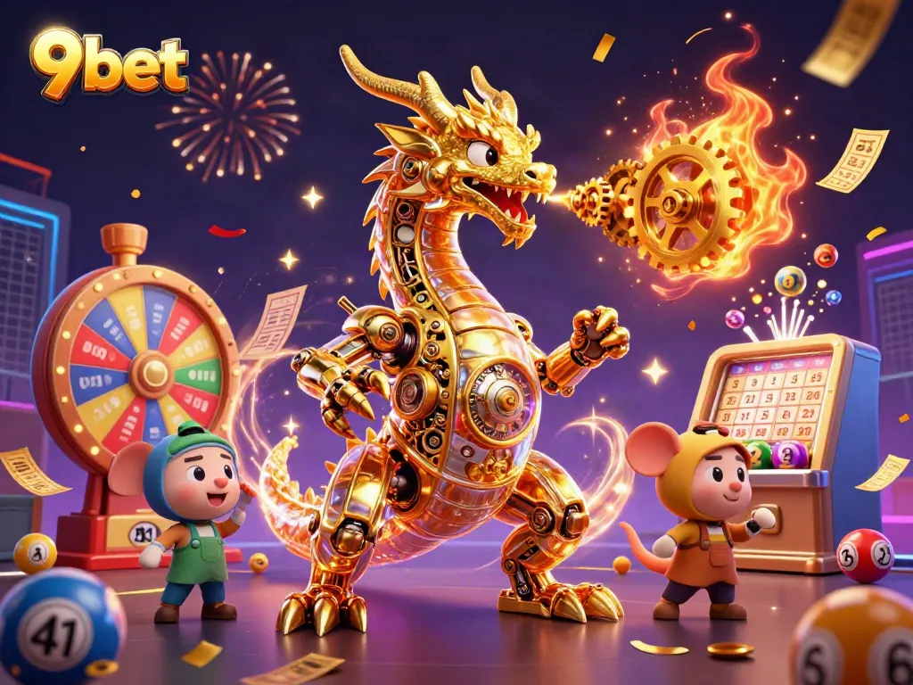 Win exciting prizes at 9bet with a dynamic lottery and gaming illustration.