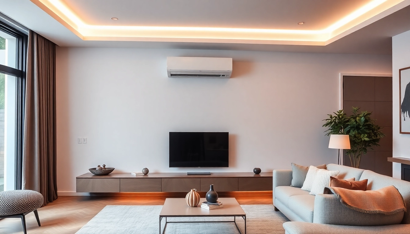 Klimaanlagen provide efficient cooling solutions in stylish modern living rooms, enhancing comfort and elegance.
