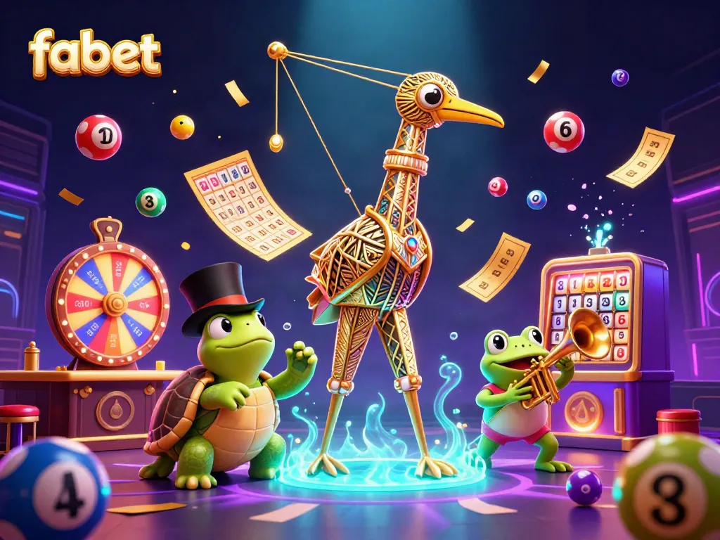Fabet players winning big with fun characters amidst dynamic lottery elements in a vibrant casino scene