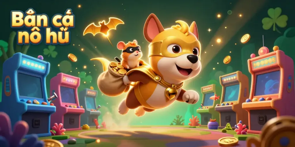 Bắn cá nổ hũ game scene with superhero dog and hamster amid sea creatures, shooting for jackpots.