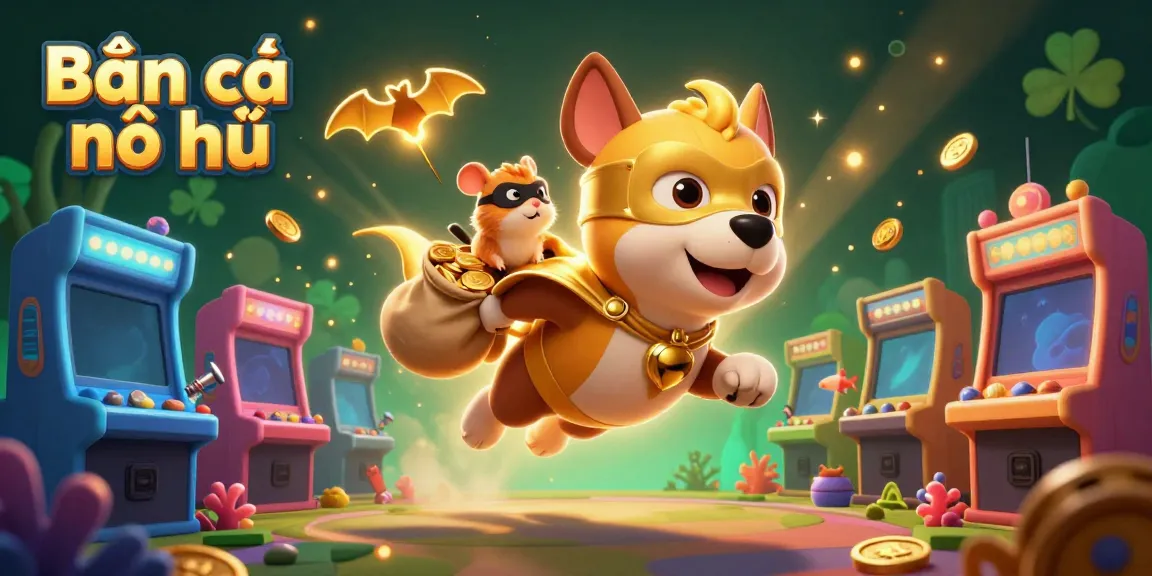 Bắn cá nổ hũ game scene with superhero dog and hamster amid sea creatures, shooting for jackpots.