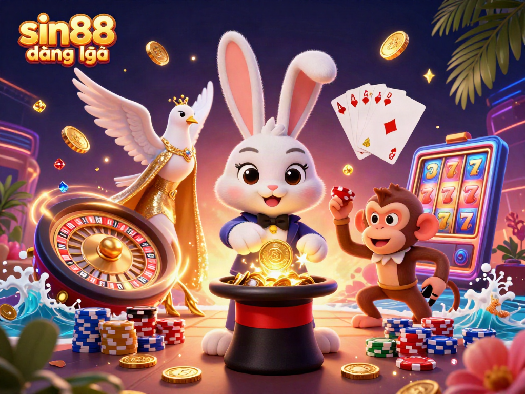 Experience the thrill of sin88 đăng nhập with this vibrant illustration showcasing a magician rabbit, dazzling dove, and monkey amidst rich casino elements.