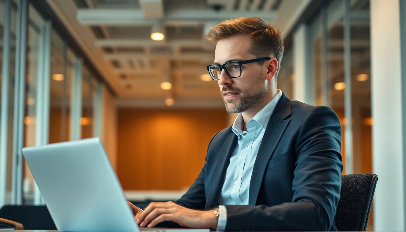 Headhunter berät Kandidaten in einem modernen Büro mit einem Laptop.