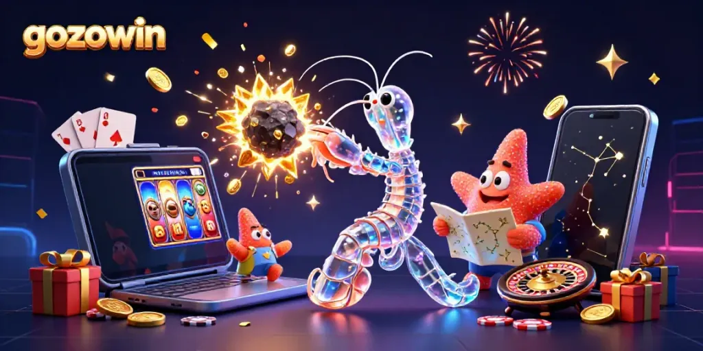 Experience the excitement of gozowin with 3D characters and gaming elements in a vibrant casino scene.