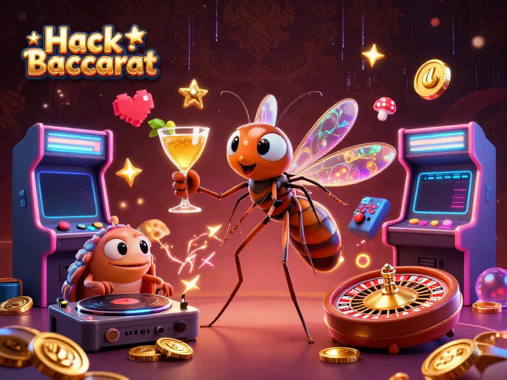 Engage with Hack Baccarat in a vibrant casino scene featuring unique 3D characters and dynamic game elements.