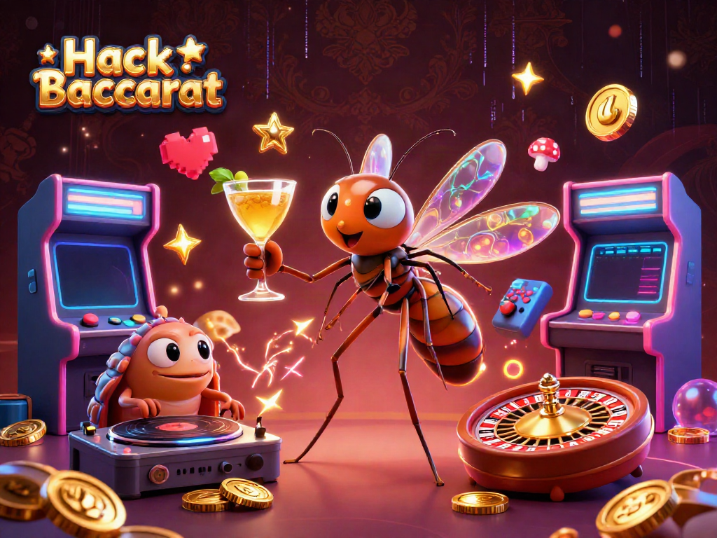 Engage with Hack Baccarat in a vibrant casino scene featuring unique 3D characters and dynamic game elements.