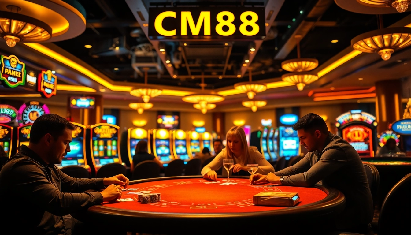 Experience the excitement of CM88 at a luxurious casino with poker tables and vibrant slot machines.