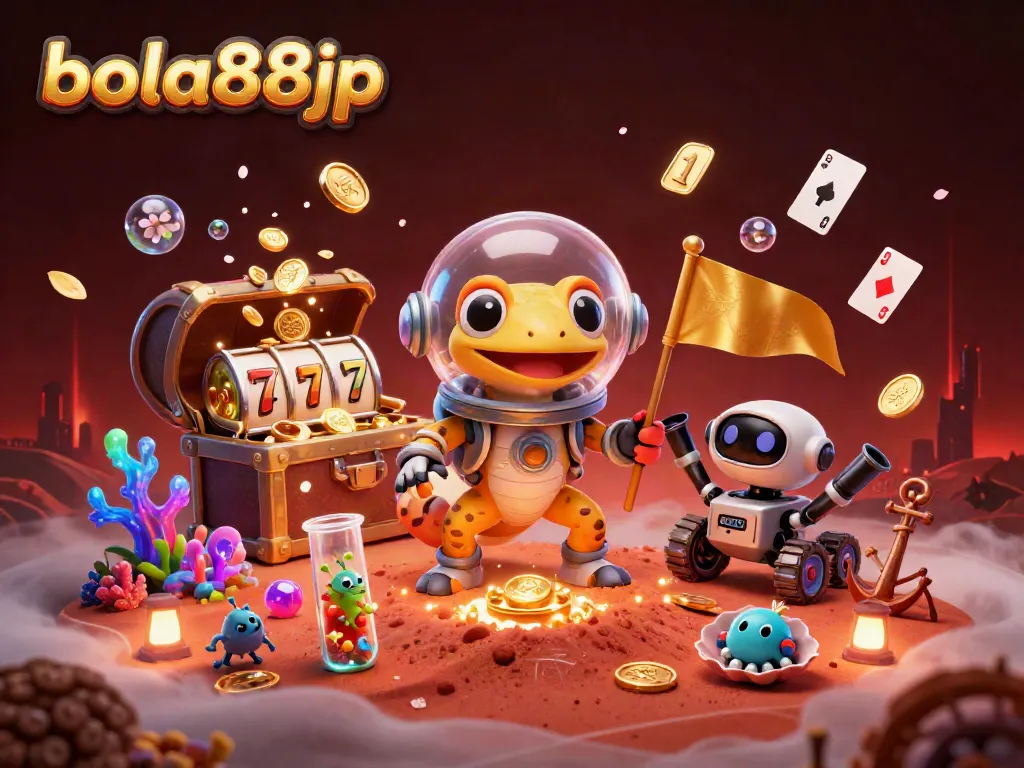 Join the adventure at bola88jp as a Martian gecko uncovers a golden casino, amidst vibrant gems and treasures.