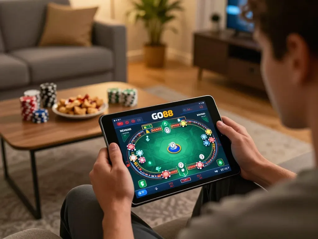 Engaging with GO88's online gaming on a tablet in a cozy living room setting