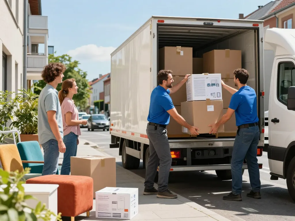 Professionelles Umzugsteam lädt Kisten in einen Lkw für umzugsunternehmen Hannover.