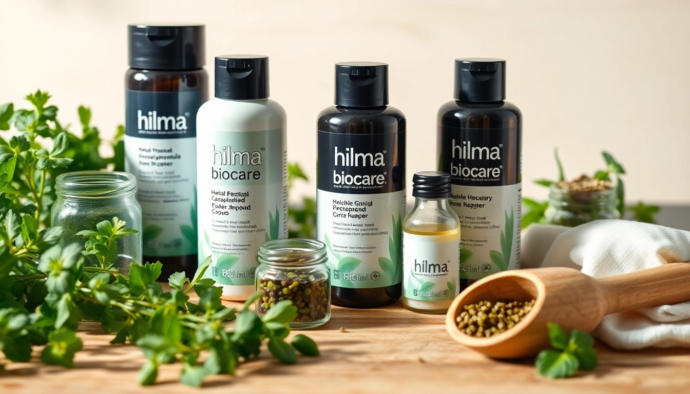 Hilma biocare Produkte stilvoll auf einem Holztisch mit frischen Kräutern präsentiert.