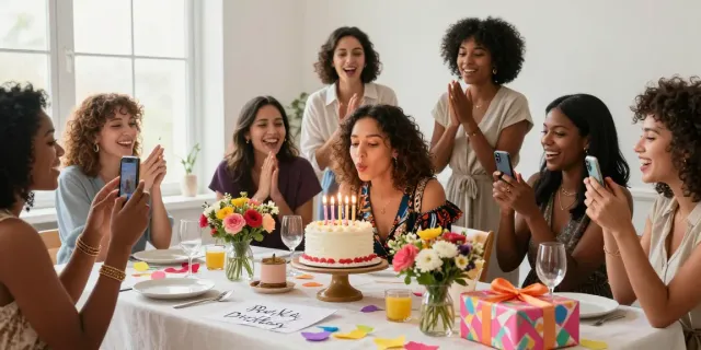 Persoonlijke gelukwensen voor een vrouw op haar verjaardag tijdens een vrolijke verjaardagviering met vrienden.