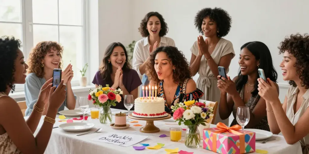 Persoonlijke gelukwensen voor een vrouw op haar verjaardag tijdens een vrolijke verjaardagviering met vrienden.