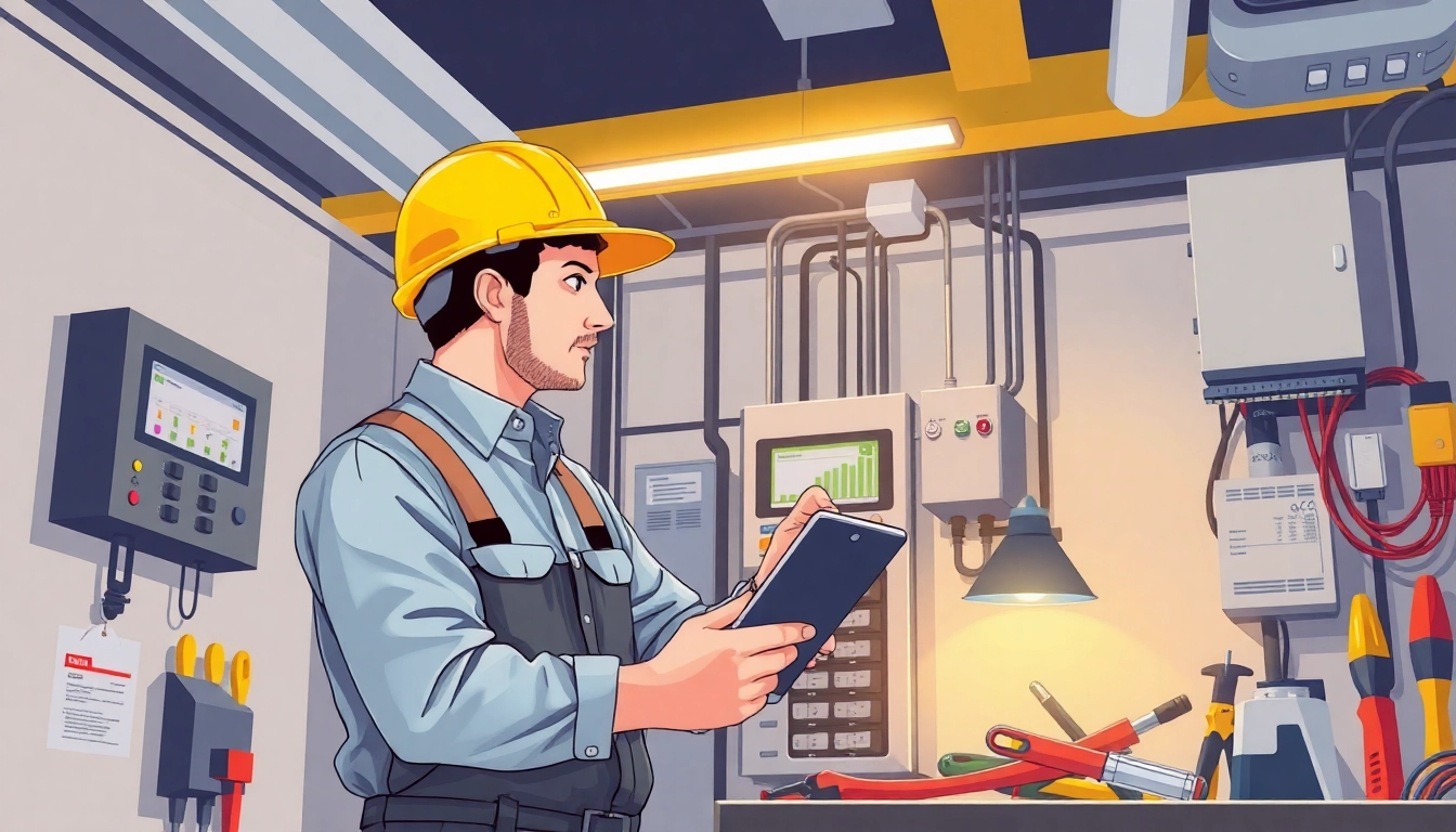 Electrician conducting a DGUV V3 Prüfung on electrical systems, ensuring workplace safety and compliance.