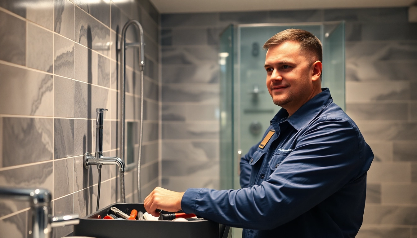 Professioneller Sanitär Notdienst-Techniker bei Reparaturarbeiten im Badezimmer.