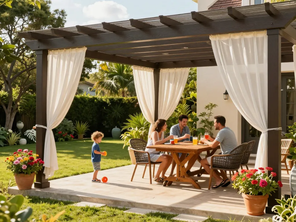 Terrassenüberdachung, die den Außenbereich aufwertet, Familie, die unter einer stilvollen Pergola im wunderschön gestalteten Garten Qualitätszeit verbringt.