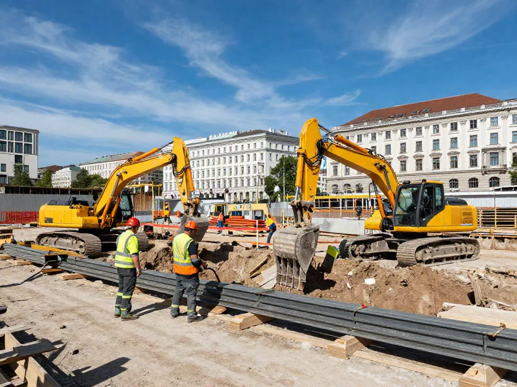 Baugrubensicherung Wien auf einer Baustelle in der Stadt mit Arbeitern und Baumaschinen.