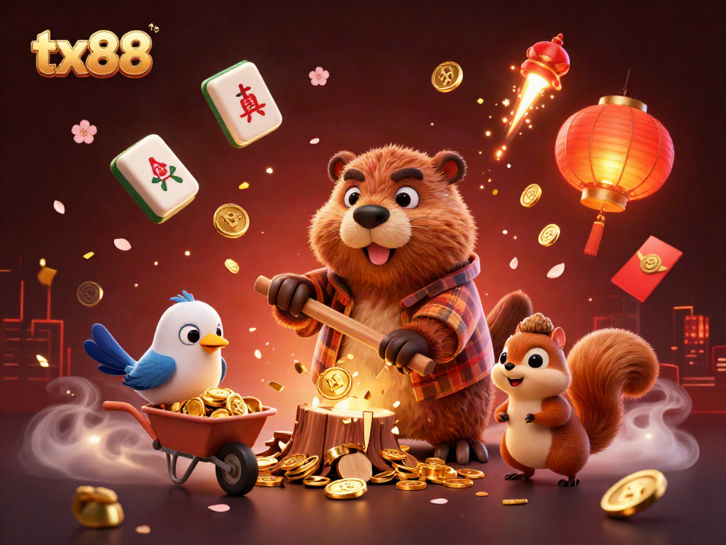 Experience the excitement of tx88 with a cartoon scene showcasing gaming adventures, lively characters, and vibrant casino elements.