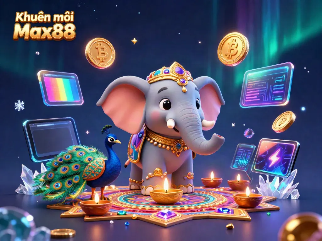Engage with Khuyến mãi Max88 through vibrant 3D casino-themed illustration showcasing an elephant and peacock.