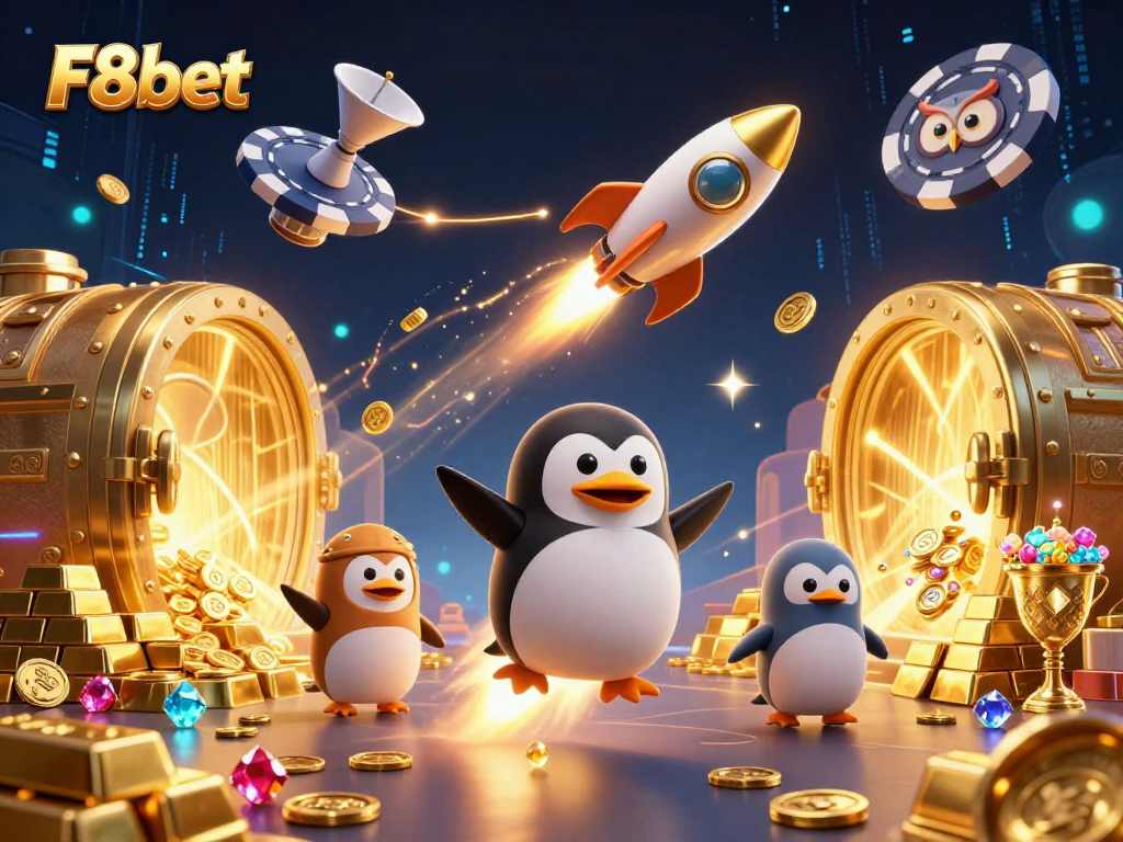 Experience thrilling wins with F8bet as a golden penguin races toward a cosmic casino.