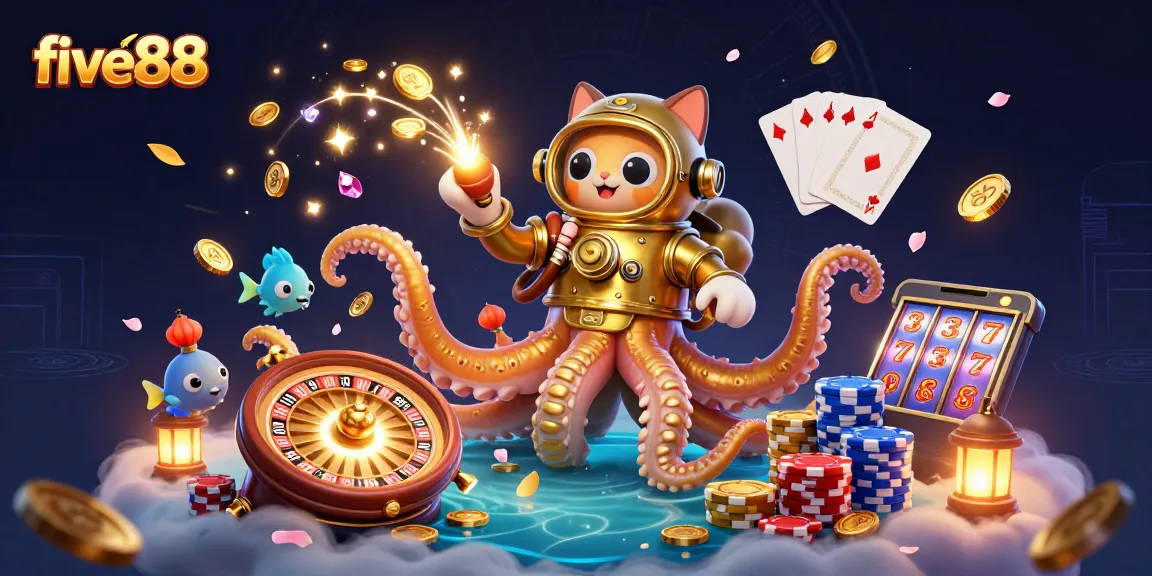 Experience excitement with five88's dynamic casino scene featuring a golden kraken and treasures.