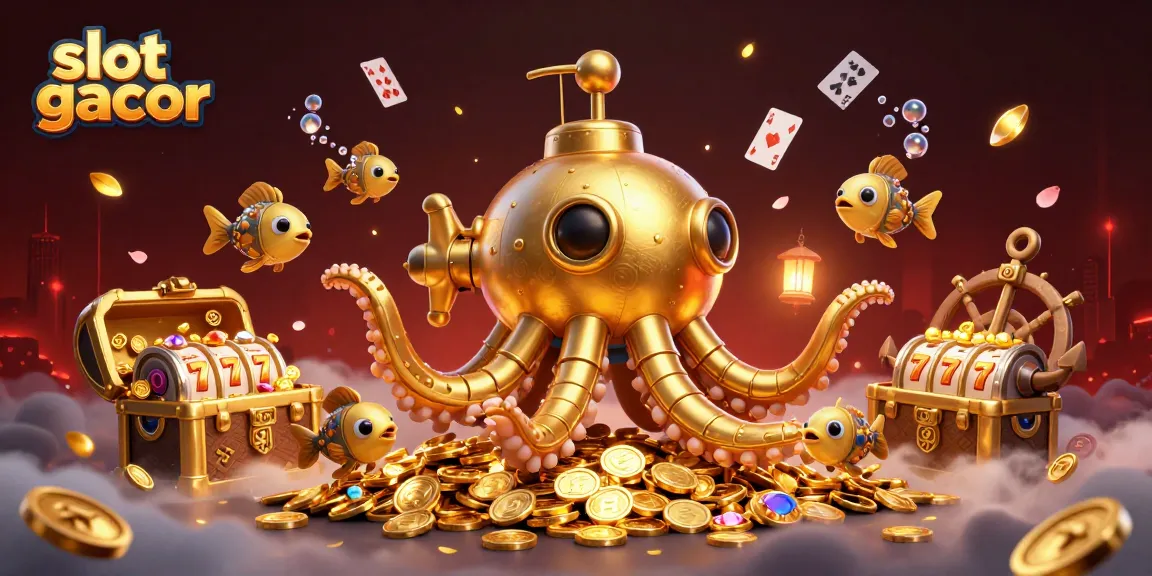 Engage with the excitement of slot gacor in this vibrant underwater scene featuring a golden kraken and treasures.